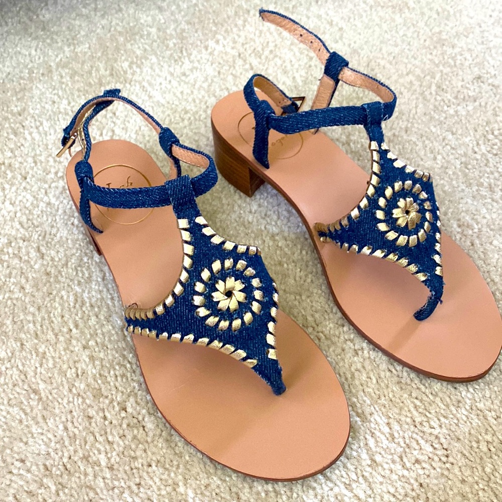 Jack Rogers denim and gold low heeled sandal, 6